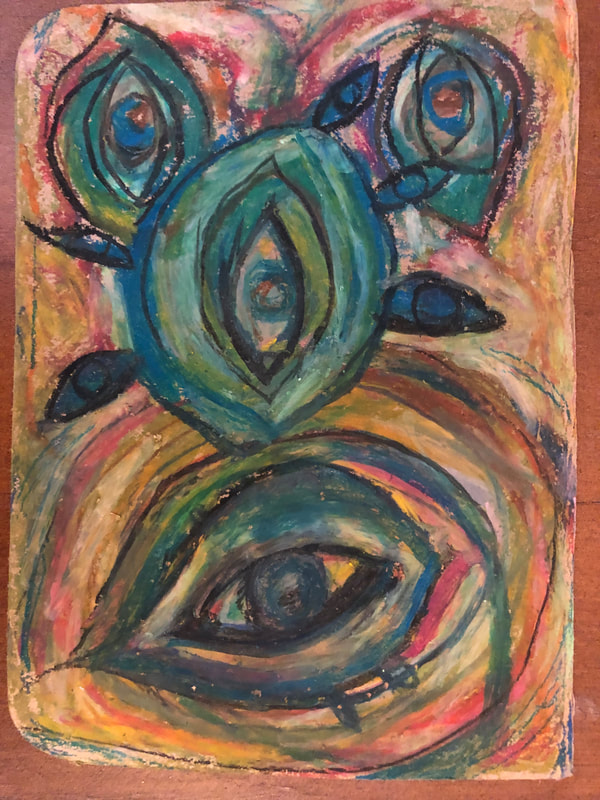 an abstract art piece of eyes sprouting from each other drawn in pastel.